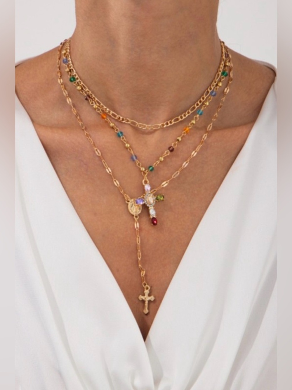 Gold Multicolor Beaded Layered Cross Necklace - DOUBLE-LAYER Y-SHAPED TASSEL